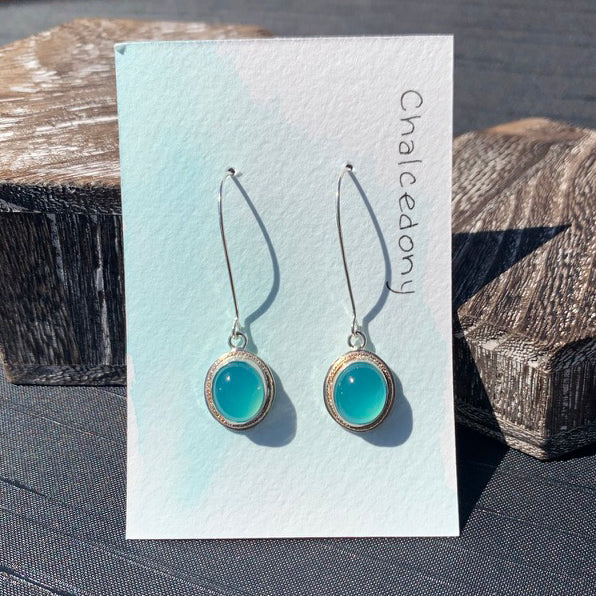 Oval Aqua Chalcedony earrings on Elongated Ear Wires
